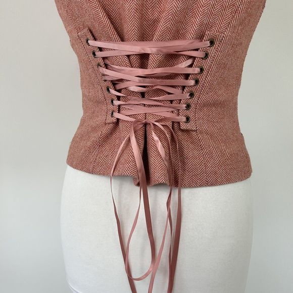 Joe Browns Waistcoat Size 12 Red Herringbone Corset Back Lined Wool Content - Picture 8 of 10